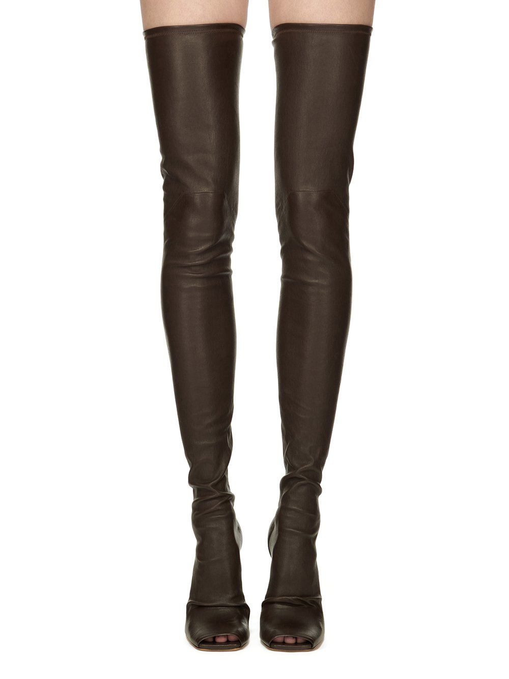 RICK OWENS FW23 LUXOR CANTILEVER 11 THIGH HIGH IN BROWN STRETCH LAMB LEATHER