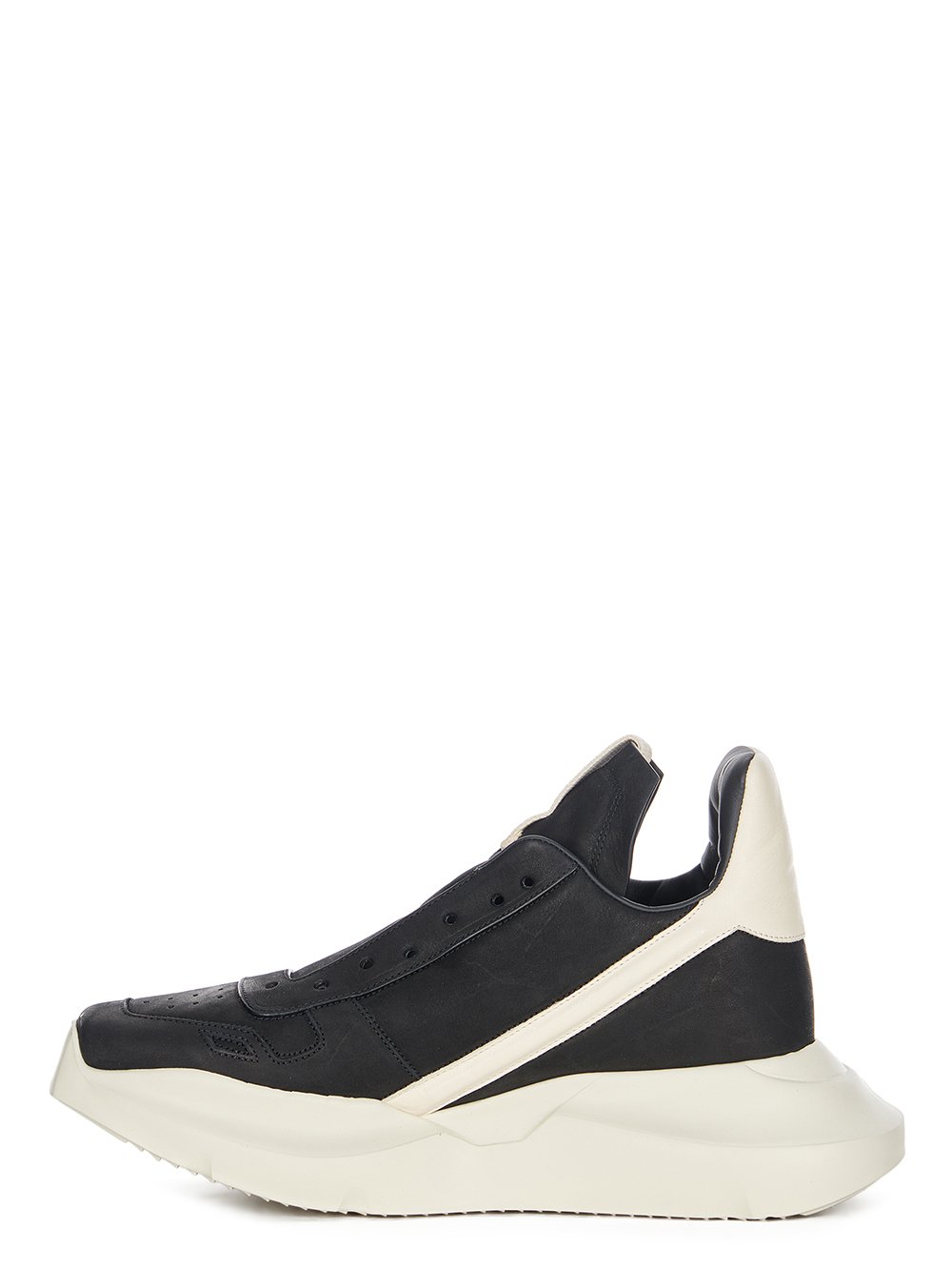 RICK OWENS FW23 LUXOR RUNWAY GETH RUNNER IN BLACK AND MILK GREYWOLF NUBUCK AND FULL GRAIN CALF LEATHER