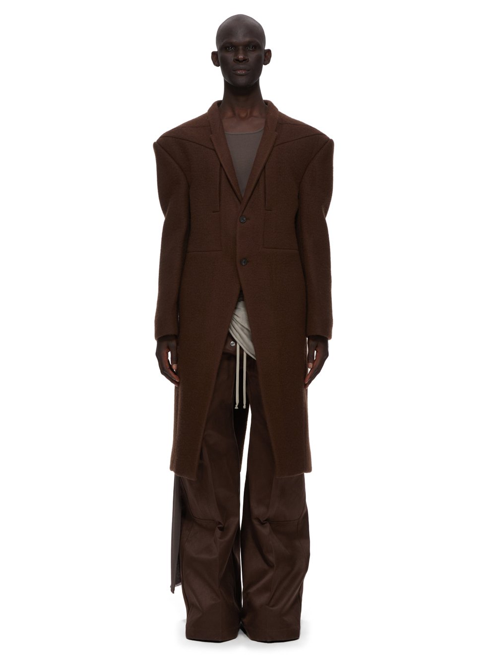 RICK OWENS FW23 LUXOR SOFT JUMBO TATLIN COAT IN BROWN BOILED WOOL