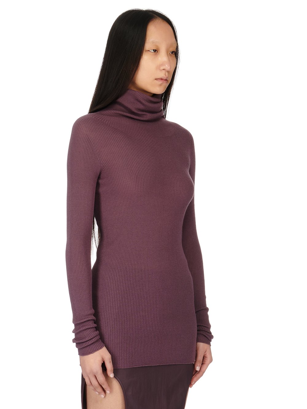 RICK OWENS FW23 LUXOR RIBBED LS TUBE IN AMETHYST LIGHTWEIGHT RIBBED KNIT