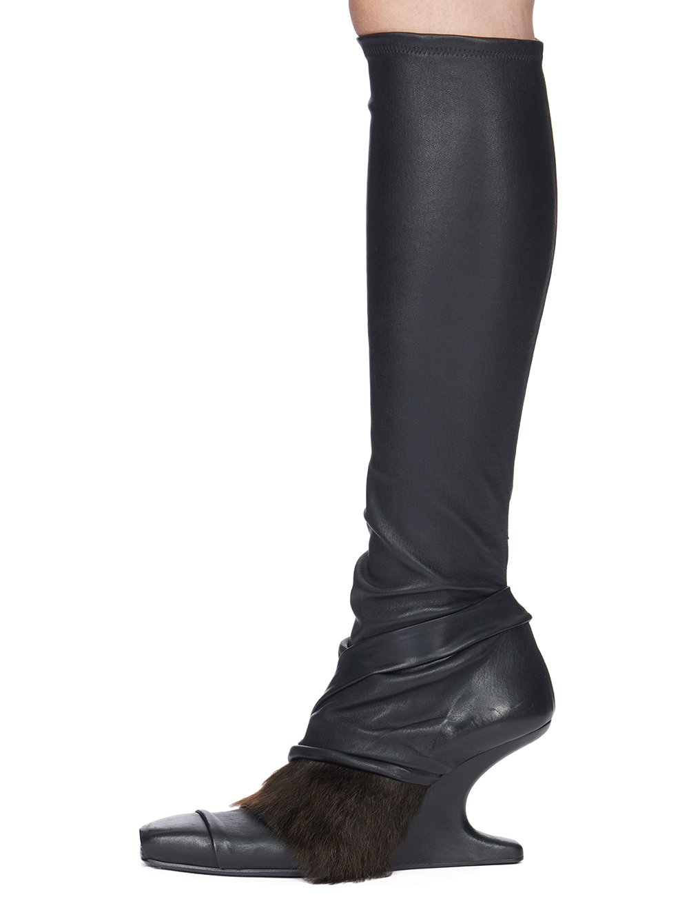 RICK OWENS FW23 LUXOR CANTILEVER 8 SISY IN BLACK AND BROWN STRETCH LAMB LEATHER AND LONG HAIR PONY