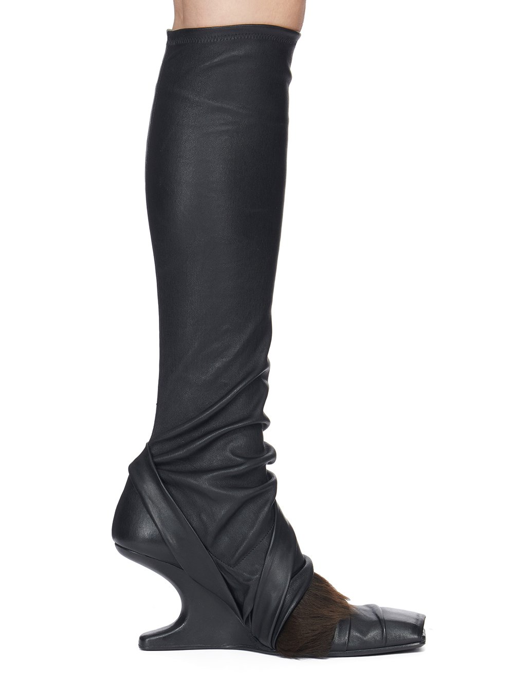 RICK OWENS FW23 LUXOR CANTILEVER 8 SISY IN BLACK AND BROWN STRETCH LAMB LEATHER AND LONG HAIR PONY