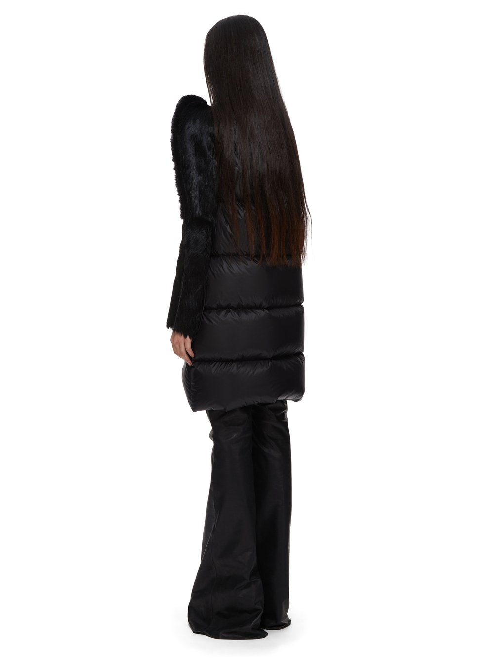 RICK OWENS FW23 LUXOR ZIONIC FLANGED PEA IN  BLACK RECYCLED NYLON, LONG HAIR PONY AND GOAT FUR