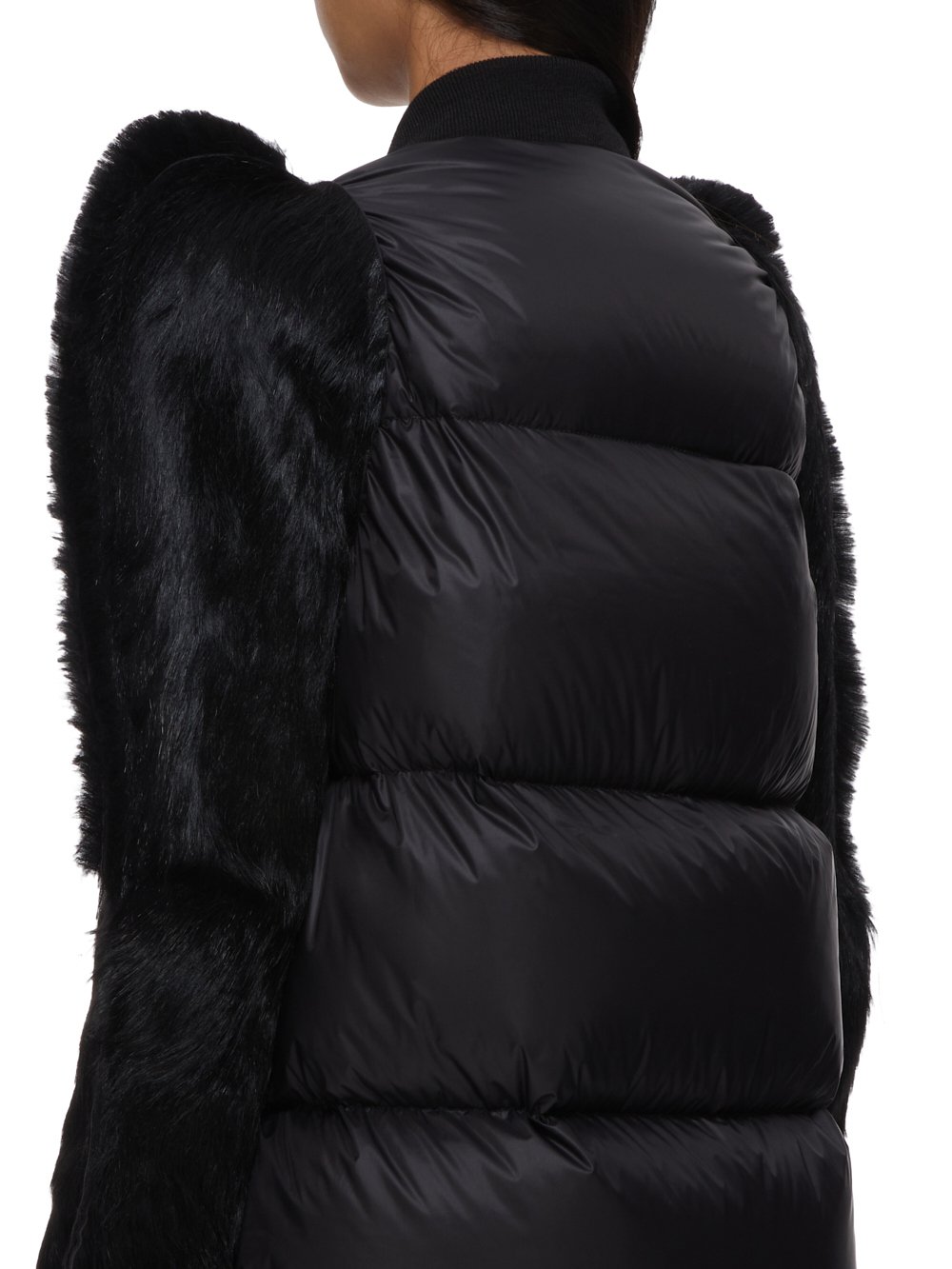 RICK OWENS FW23 LUXOR ZIONIC FLANGED PEA IN  BLACK RECYCLED NYLON, LONG HAIR PONY AND GOAT FUR