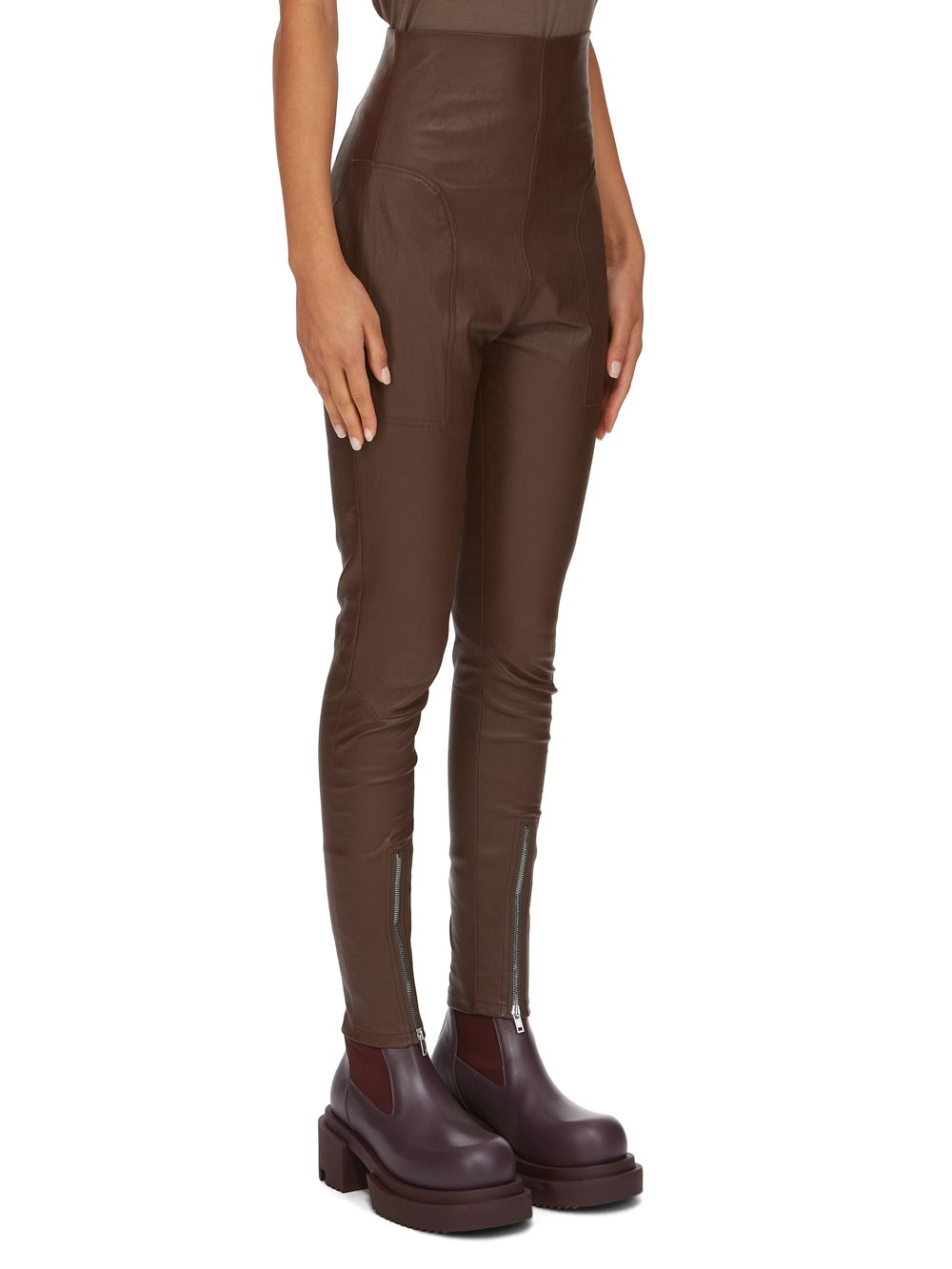 RICK OWENS FW23 LUXOR DIRT WAIST LEGGINGS IN BROWN STRETCH LAMB LEATHER