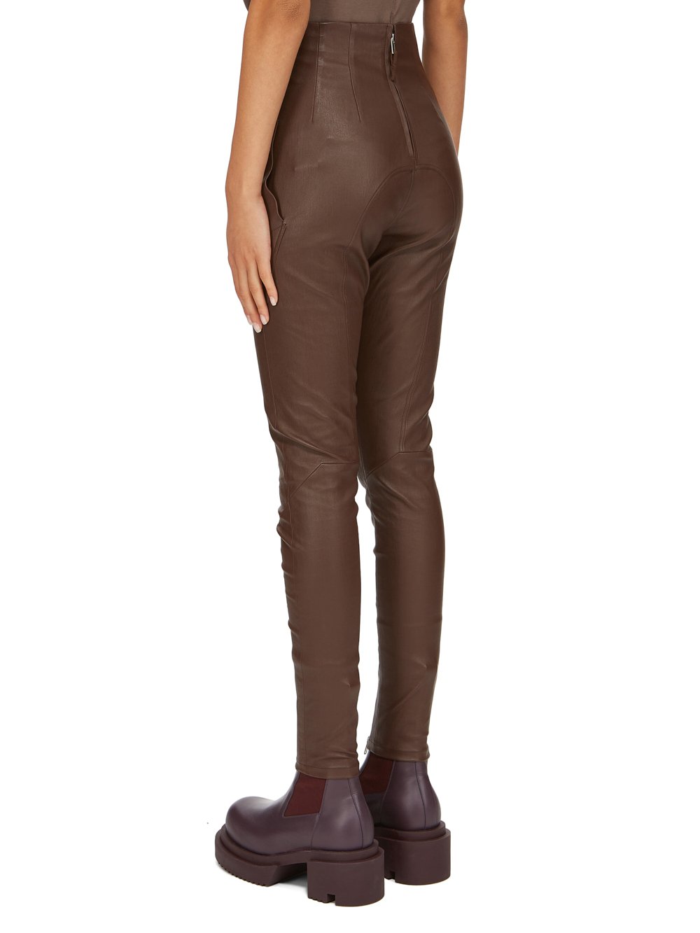 RICK OWENS FW23 LUXOR DIRT WAIST LEGGINGS IN BROWN STRETCH LAMB LEATHER