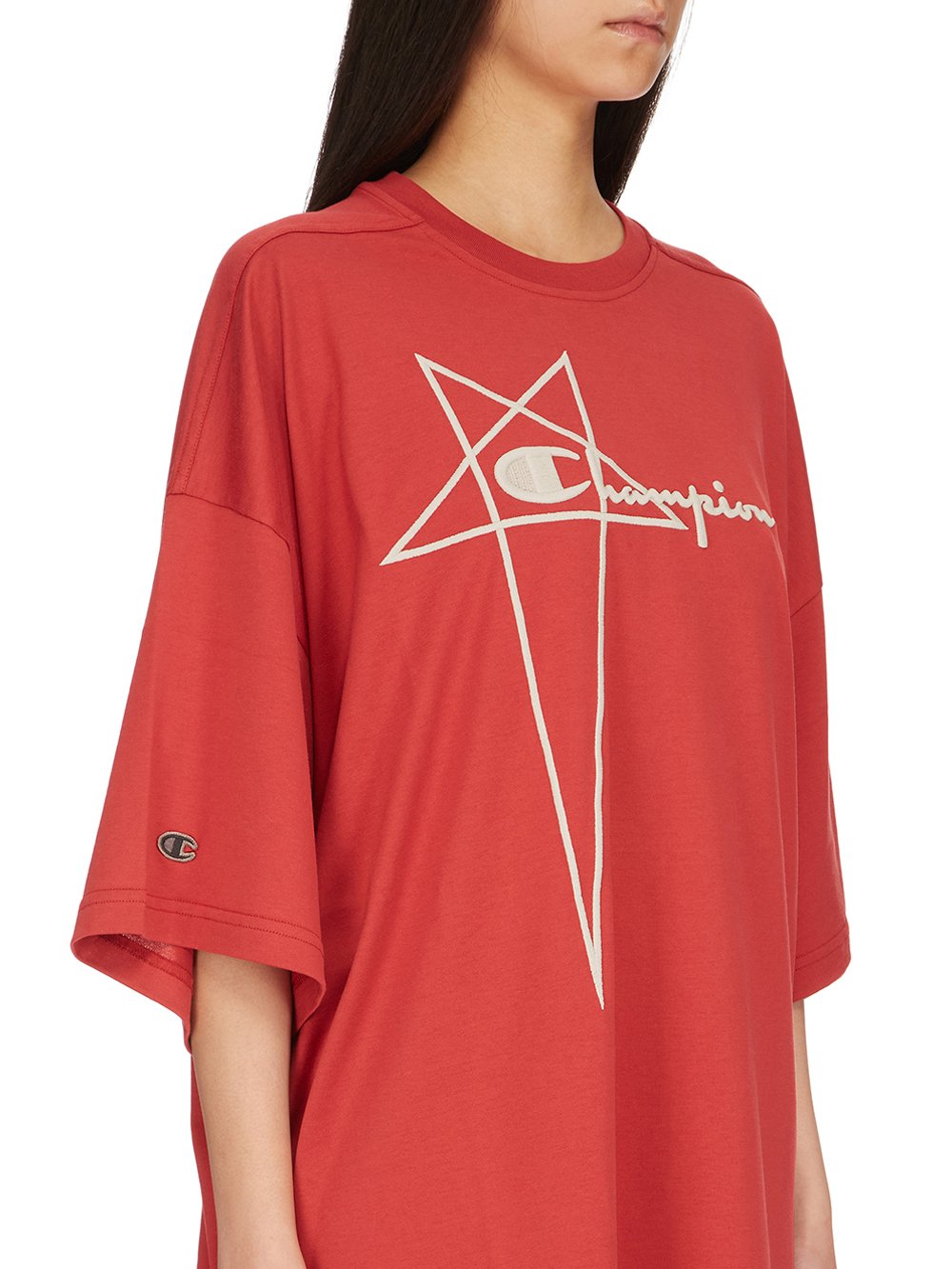 CHAMPION X RICK OWENS TOMMY T IN CARNELIAN RED MEDIUM WEIGHT COTTON JERSEY 