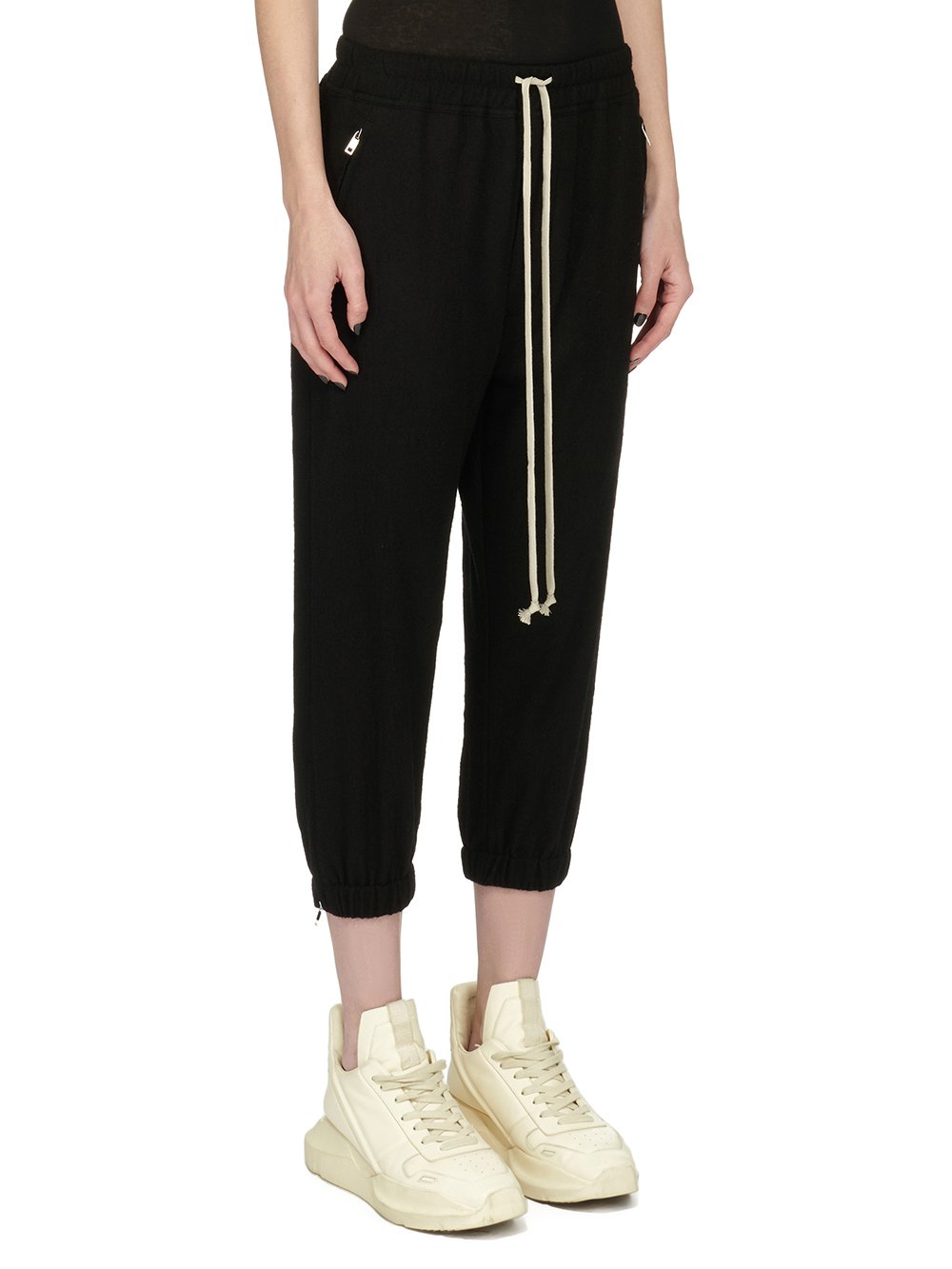 RICK OWENS FW23 LUXOR CROPPED TRACK IN BLACK SOFT WOOL FLANNEL