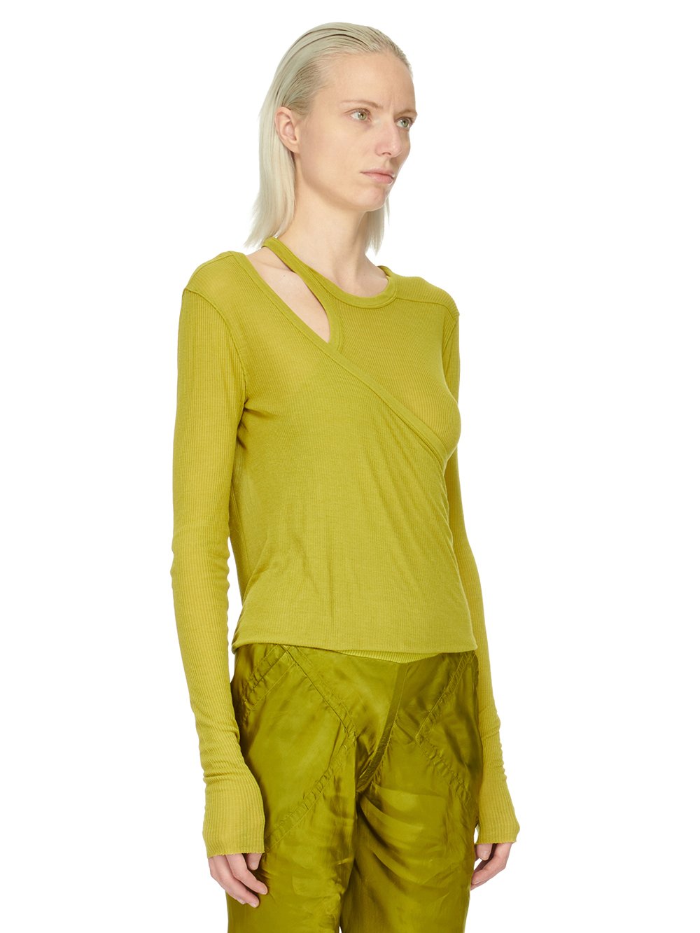 RICK OWENS FW23 LUXOR BANANA LS T IN ACID YELLOW VISCOSE SILK RIB JERSEY