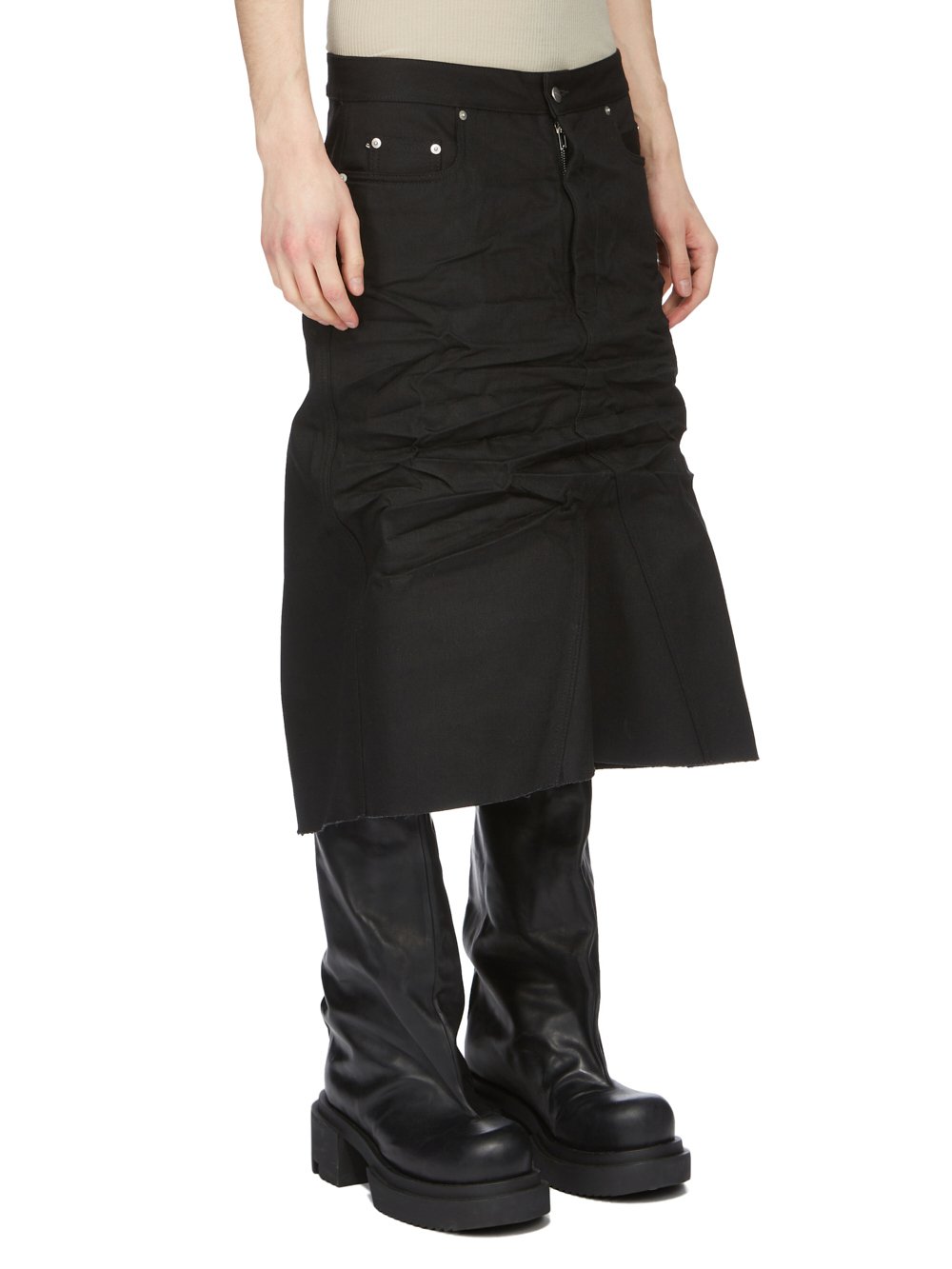 RICK OWENS FW23 LUXOR RUNWAY GODET SKIRT IN BLACK 16OZ SELVEDGE DENIM