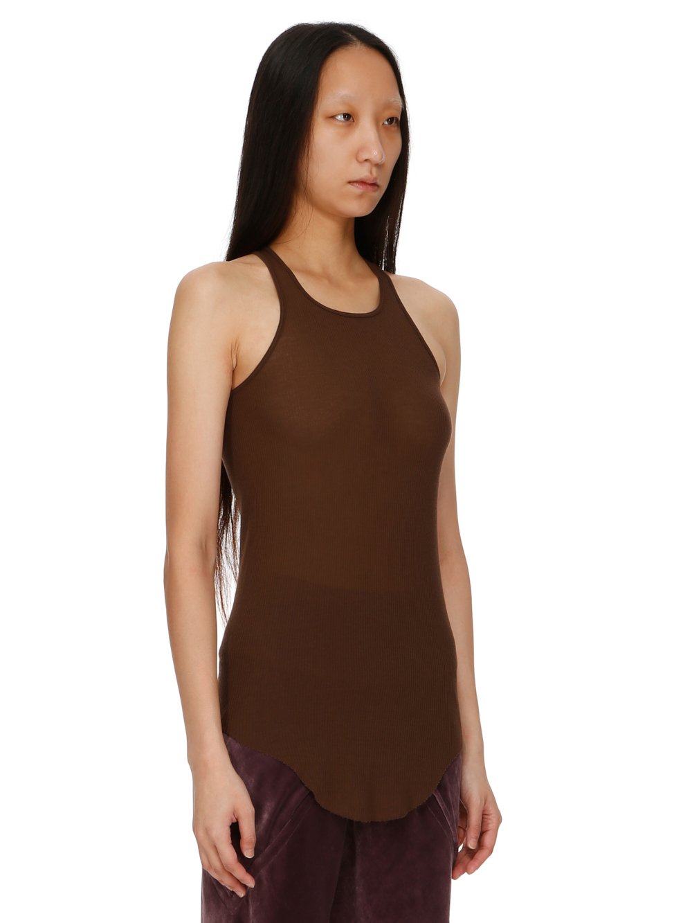 RICK OWENS FW23 LUXOR BASIC RIB TANK IN BROWN VISCOSE SILK RIB JERSEY