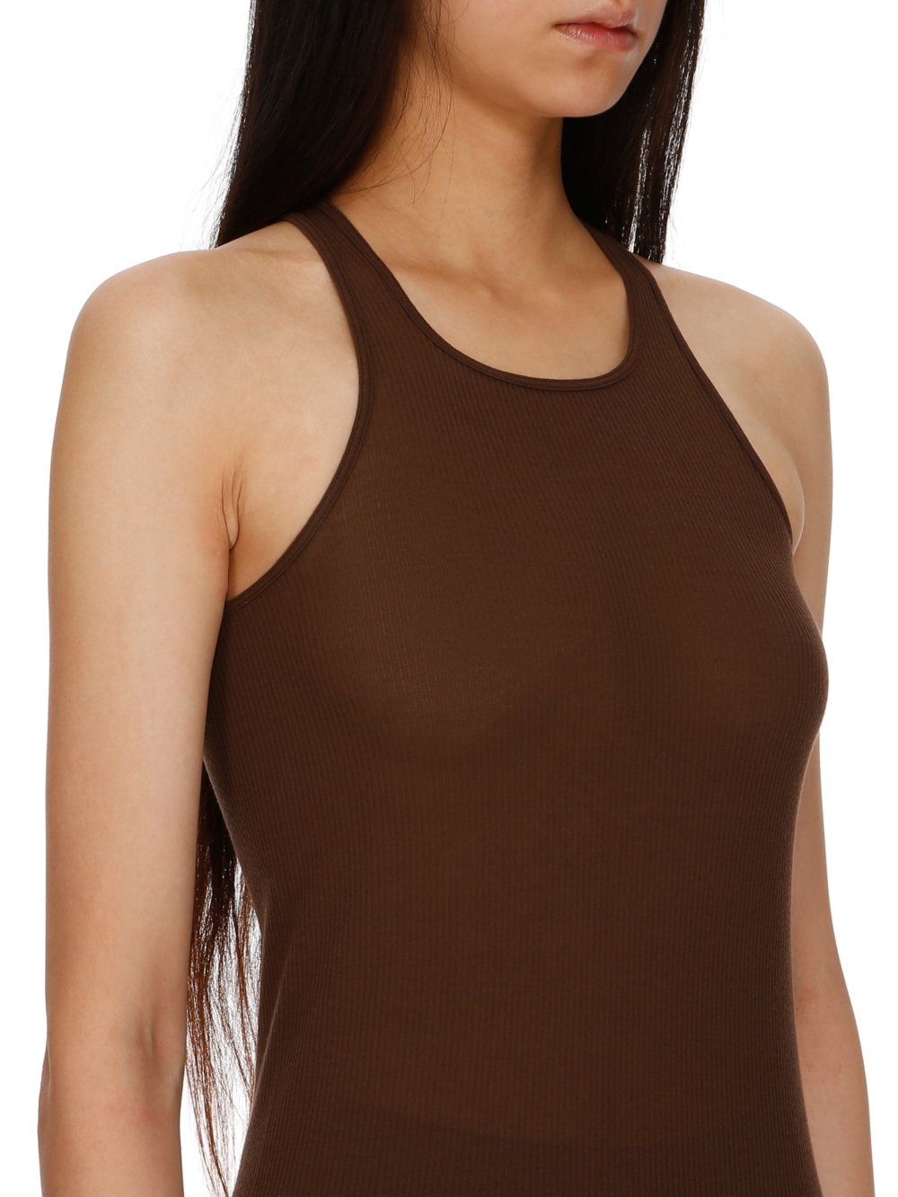 RICK OWENS FW23 LUXOR BASIC RIB TANK IN BROWN VISCOSE SILK RIB JERSEY