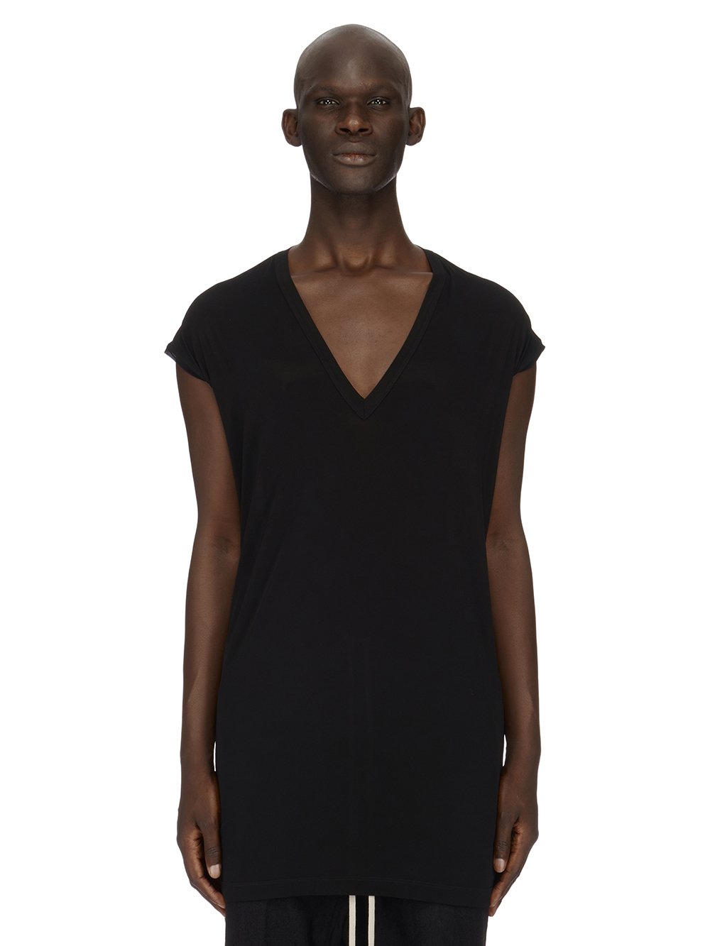 RICK OWENS FW23 LUXOR DEEP V NECK SS T IN  BLACK HEAVY STRETCH CUPRO JERSEY