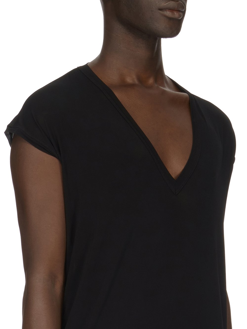 RICK OWENS FW23 LUXOR DEEP V NECK SS T IN  BLACK HEAVY STRETCH CUPRO JERSEY