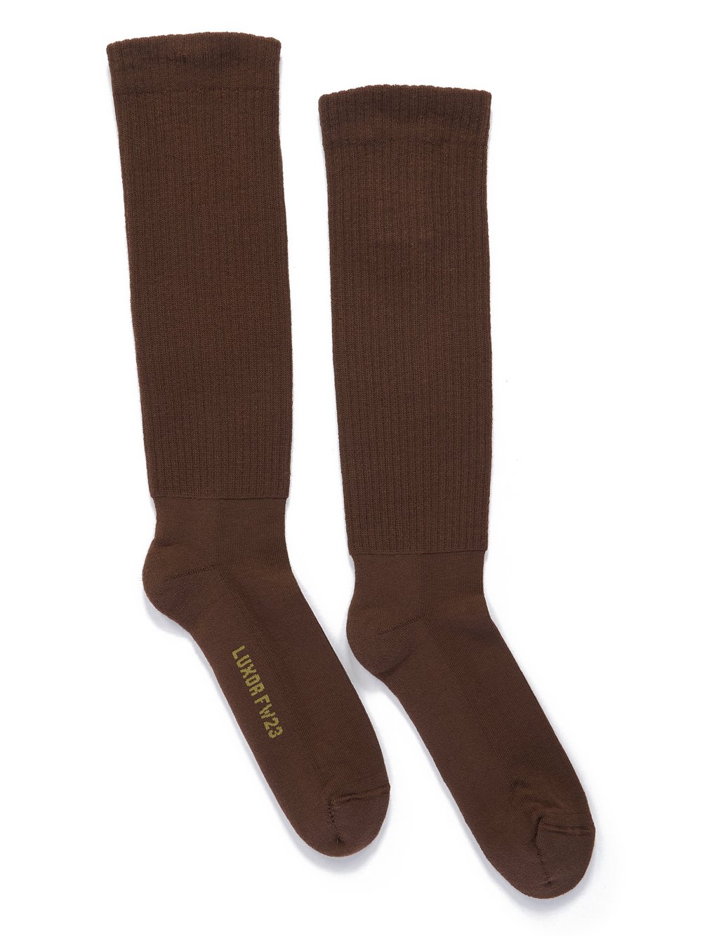 RICK OWENS FW23 LUXOR MID CALF SOCKS IN BROWN AND ACID COTTON KNIT