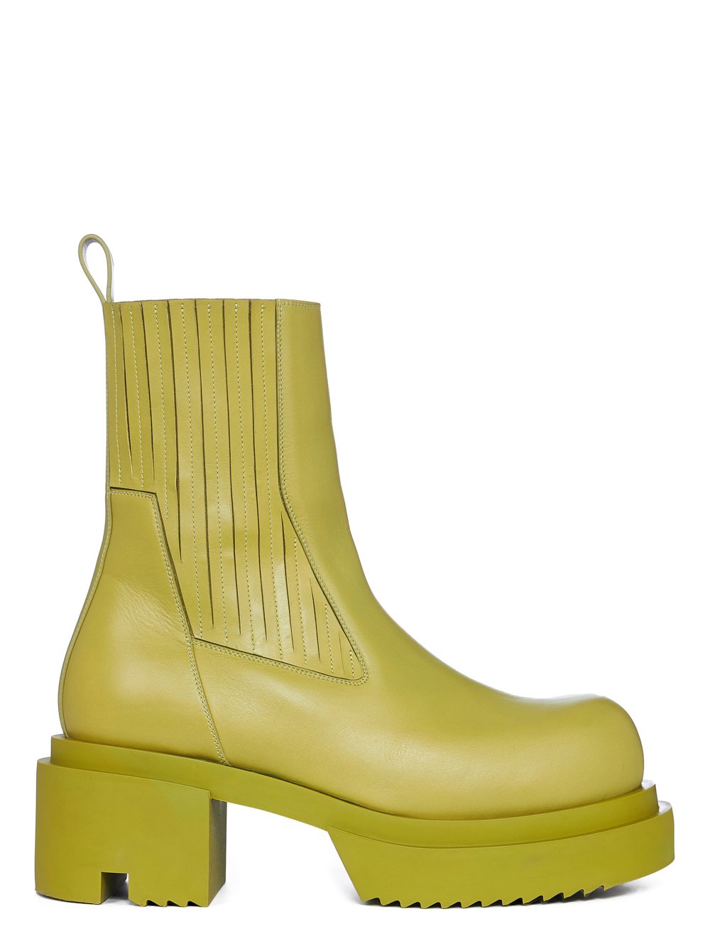 RICK OWENS FW23 LUXOR BEATLE BOGUN IN ACID YELLOW CORTINA GREASE CALF LEATHER