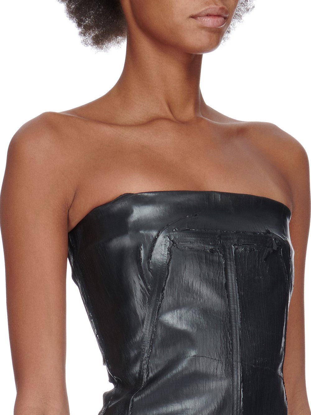 RICK OWENS FW23 LUXOR BUSTIER DRESS IN BLACK CRACKED STRETCH DENIM