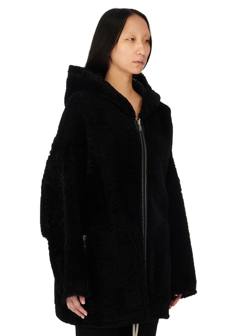 RICK OWENS FW23 LUXOR ZIP FRONT PETER IN BLACK BUTTER LAMB SHEARLING