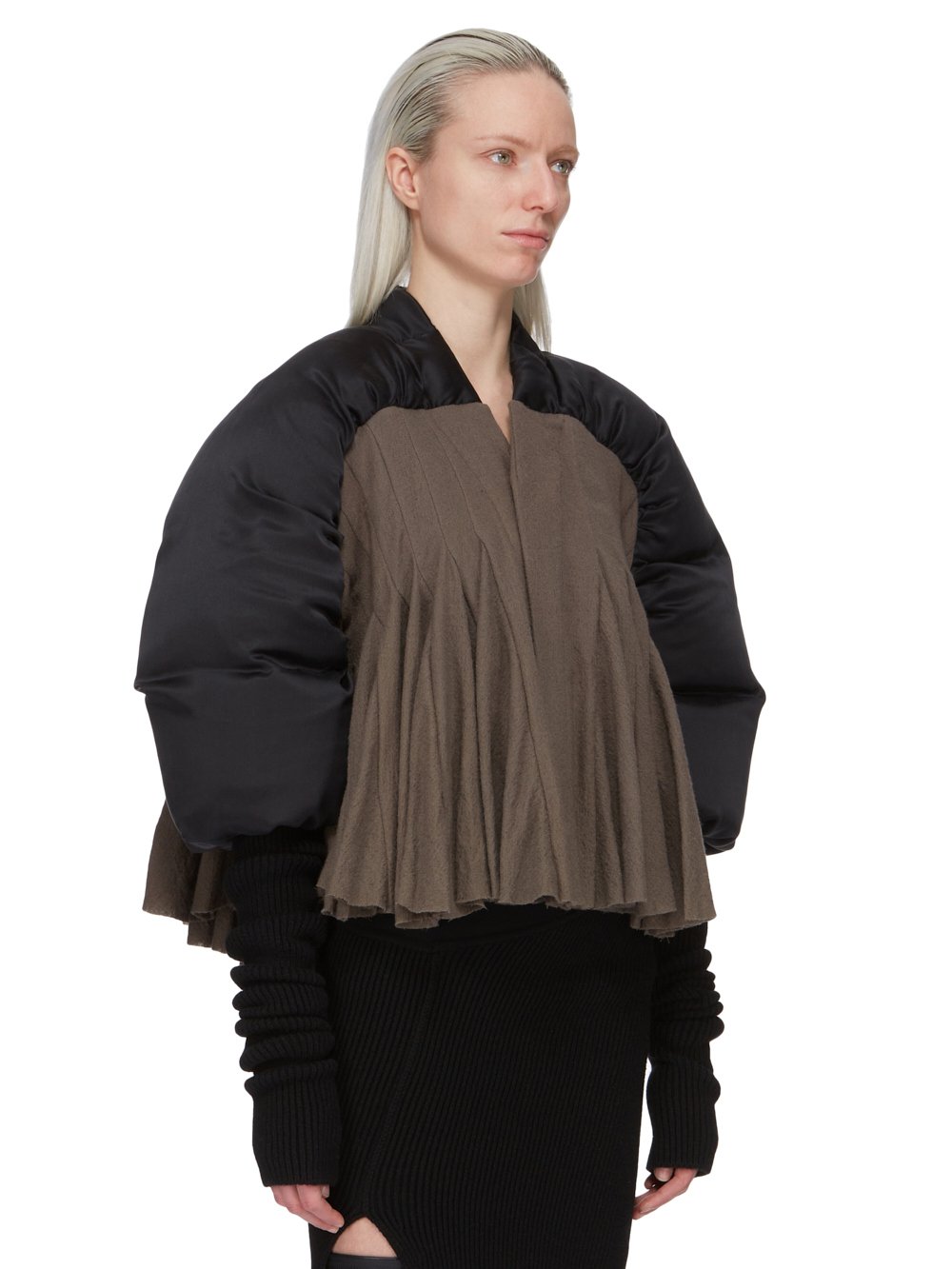 RICK OWENS FW23 LUXOR DUVETESSA CROPPED IN BLACK AND DUST SILK CHARMEUSE AND SOFT WOOL FLANNEL