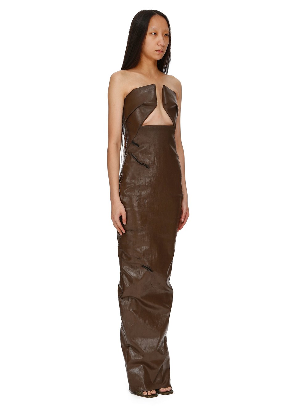 RICK OWENS FW23 LUXOR PRONG GOWN IN BROWN CRACKED STRETCH DENIM