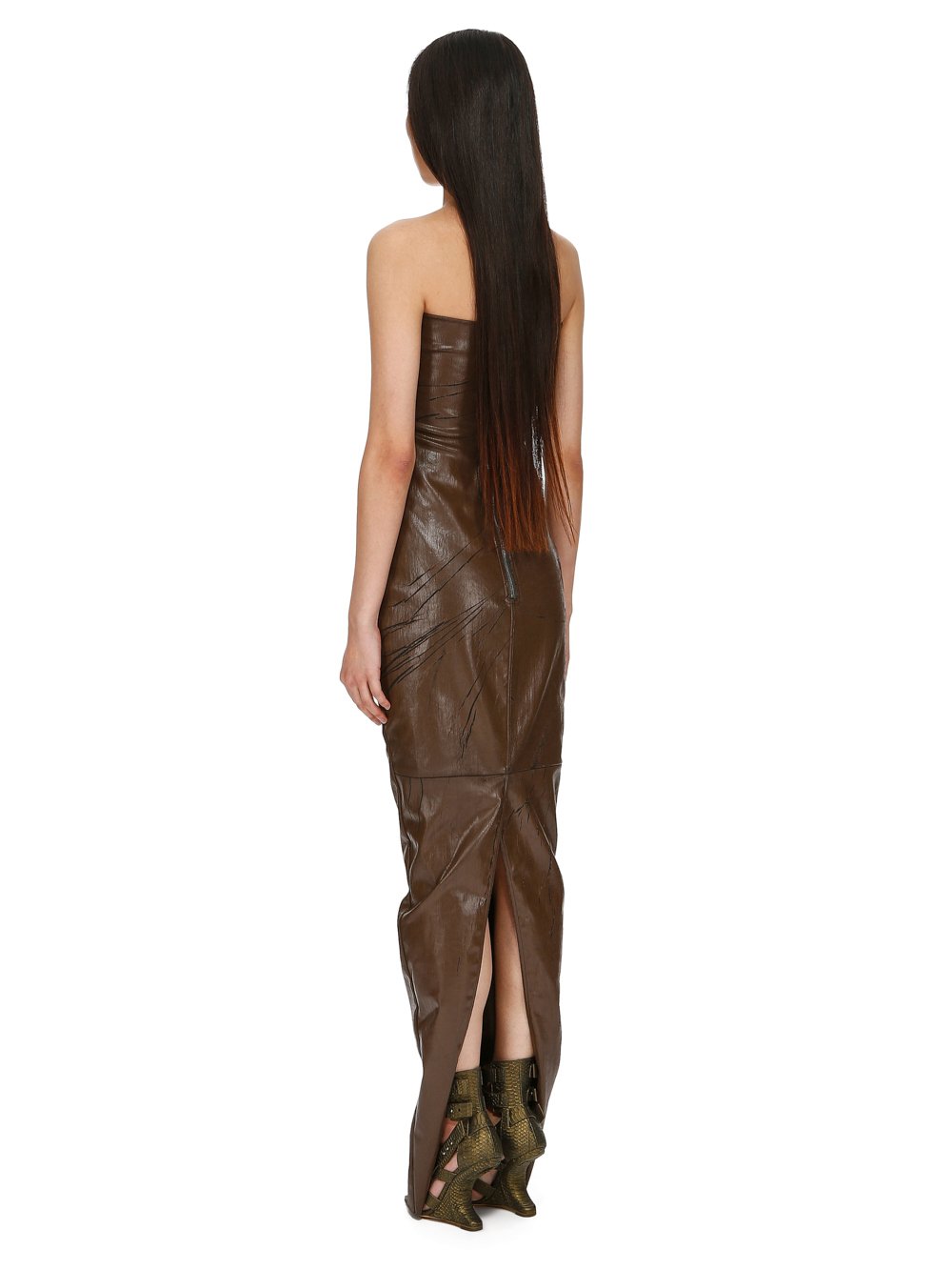 RICK OWENS FW23 LUXOR PRONG GOWN IN BROWN CRACKED STRETCH DENIM