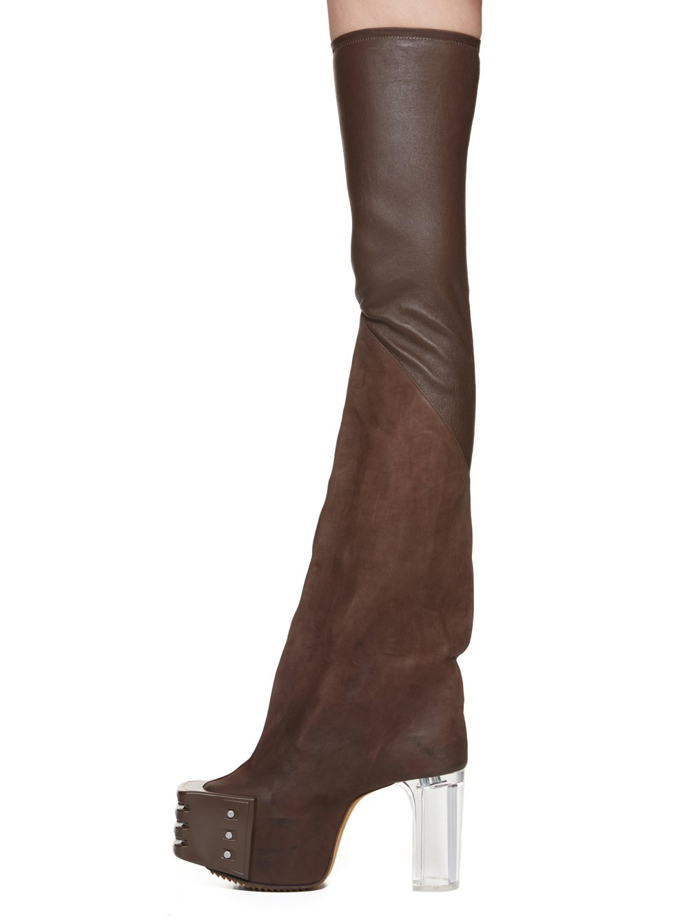 RICK OWENS FW23 LUXOR RUNWAY FLARED PLATFORMS 45 IN BROWN STRETCH LAMB LEATHER AND GREYWOLF NUBUCK